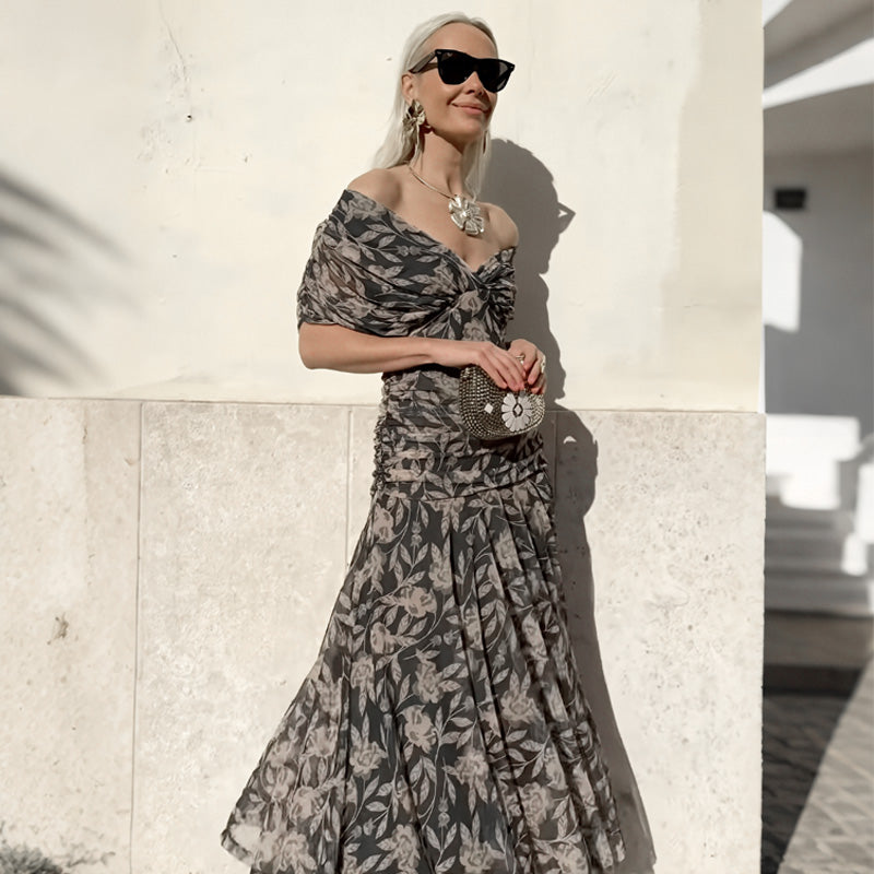💖 Women's Off-the-Shoulder V-Neck Printed Dress