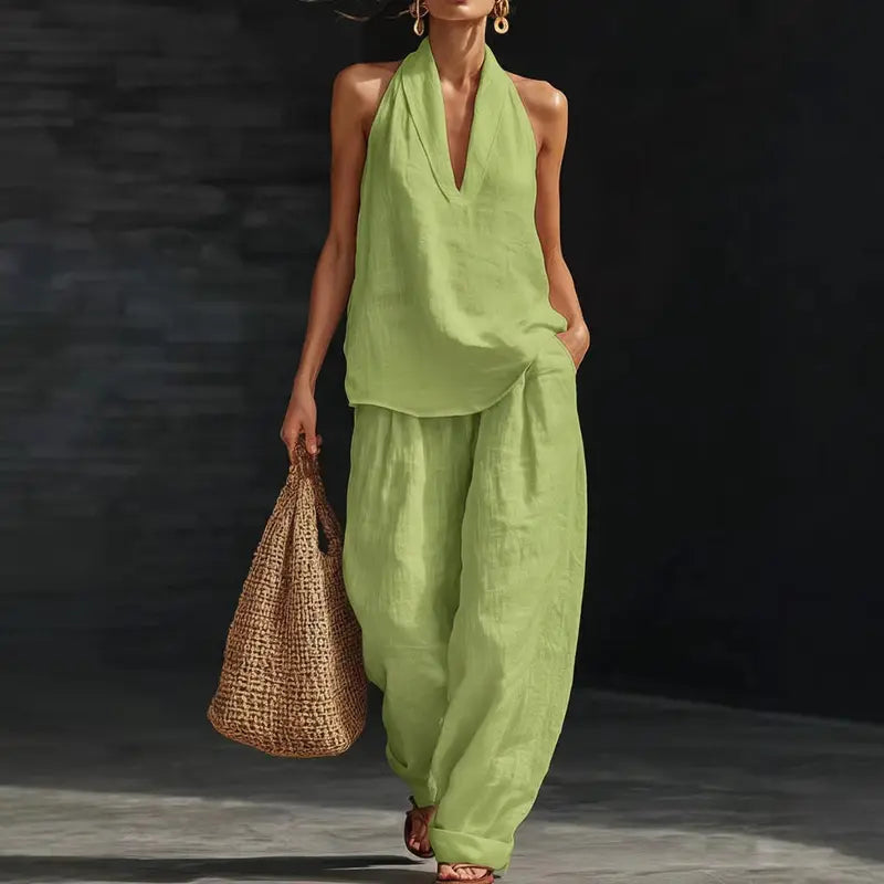 Boho Linen Two Piece Set - Perfect for Beach, Vacation & Brunch! Halter Neck Sleeveless Top Wide Leg Pants Set