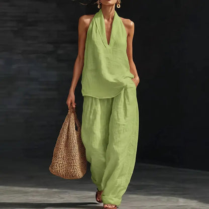 Boho Linen Two Piece Set - Perfect for Beach, Vacation & Brunch! Halter Neck Sleeveless Top Wide Leg Pants Set