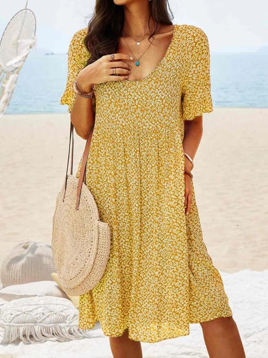 Women Floral Printed Round Neck Loose Midi Dress