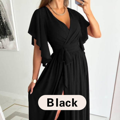 Women's Ruffle Sleeve Surplice Neck High Split  Dress With Belt