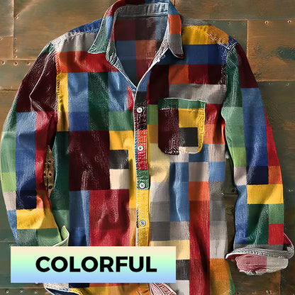 Rainbow Plaid Retro Lapel Shirt with Pockets