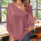 Solid Color Raglan Neck Pleated Long Sleeve Women's Top
