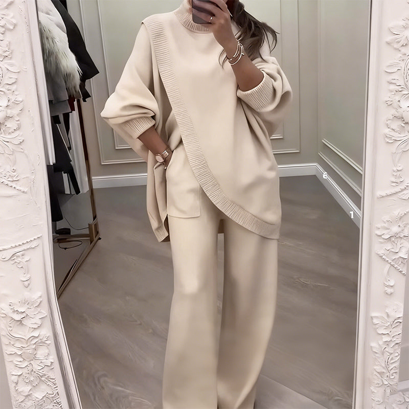 Women's 2-piece set – Asymmetrical sweater + wide-leg pants, relaxed fit and soft fabric, ultra comfortable 👚✨