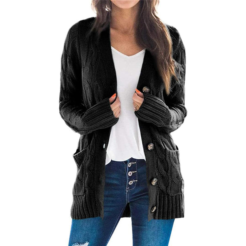 Women's Fall Casual Long Sleeve Button Down Open Front Cable Knit Cardigan Sweater Coat