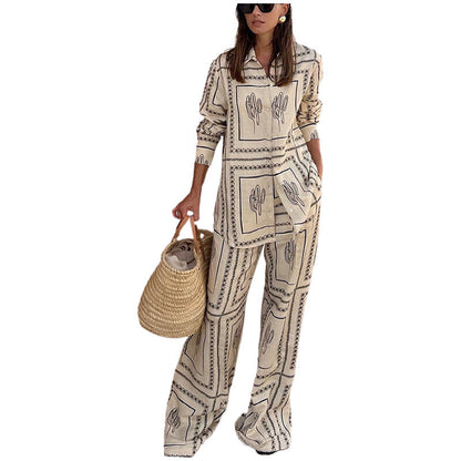 Women's Geometric Print 2-Piece Set - Shirt and Wide Leg Pants
