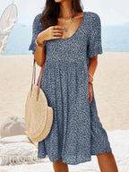 Women Floral Printed Round Neck Loose Midi Dress