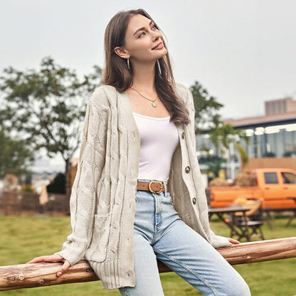 Women's Fall Casual Long Sleeve Button Down Open Front Cable Knit Cardigan Sweater Coat