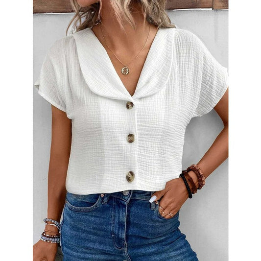 Women's Solid Color Button Down Lapel Short Sleeve Top