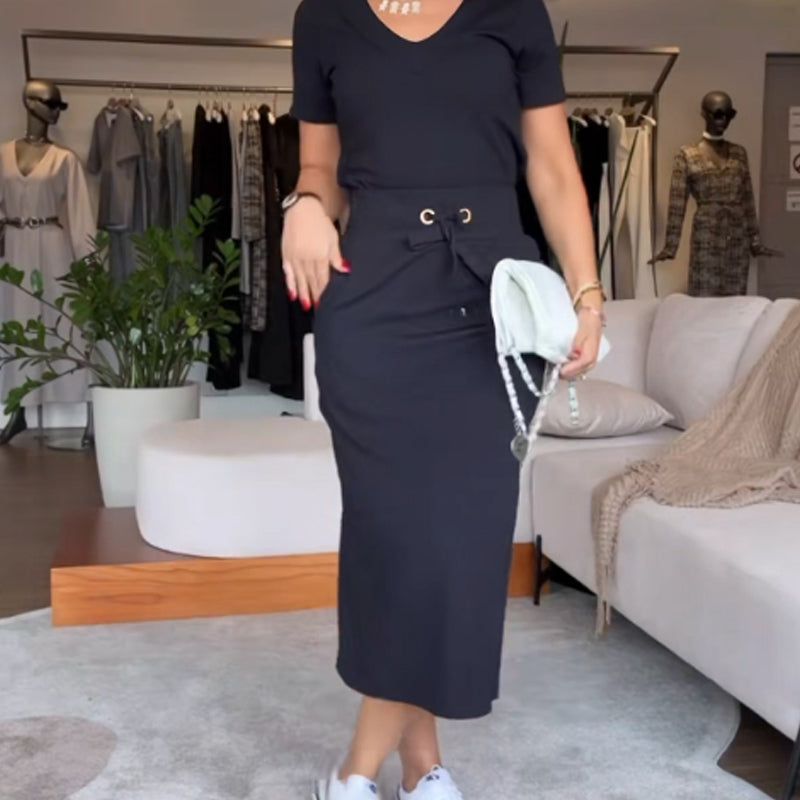 Women's V-Neck Top and Skirt Set