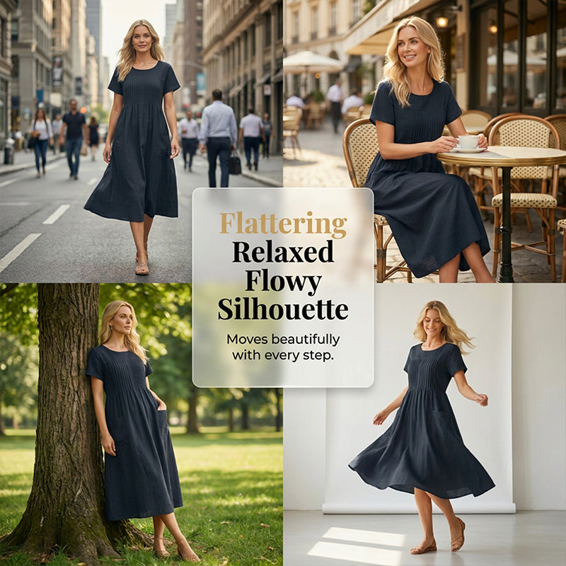 👗 Women’s Pleated Short-Sleeve Dress with Pockets – Soft Cotton-Linen Blend ☀️👜