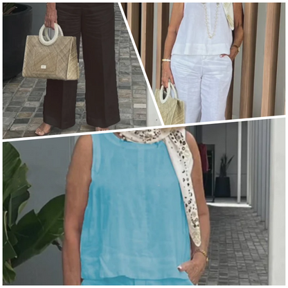 Women's Simple Breathable Suit - Round-Neck Sleeveless Top & Wide-Leg Pants