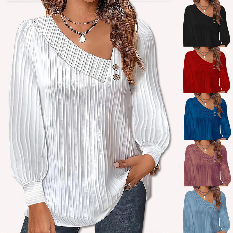 Solid Color Raglan Neck Pleated Long Sleeve Women's Top