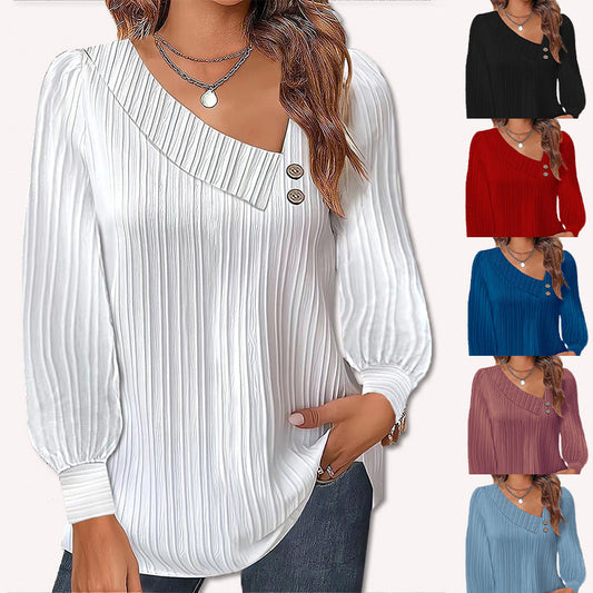 Solid Color Raglan Neck Pleated Long Sleeve Women's Top