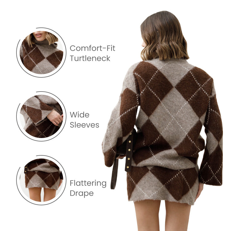 Women's Diamond Pattern Knit Sweater & Skirt 2-Piece Set