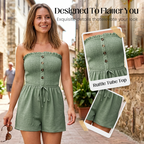 💃Women's Strapless Frill Trim Shirred Tie Front Wide Leg Tube Romper