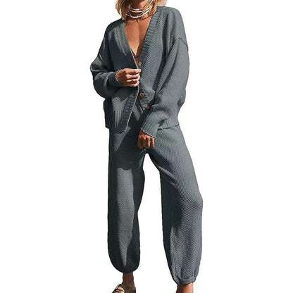 Women's Casual 2-piece Outfits Oversized Knit Cardigan and High-waist Baggy Pants