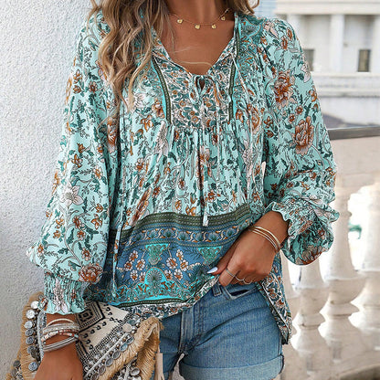💖Women's Fashion Printed v-Neck Long Sleeve Shirt