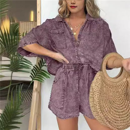 Women's Summer Denim Shirt Two Piece Set