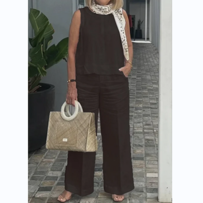 Women's Simple Breathable Suit - Round-Neck Sleeveless Top & Wide-Leg Pants