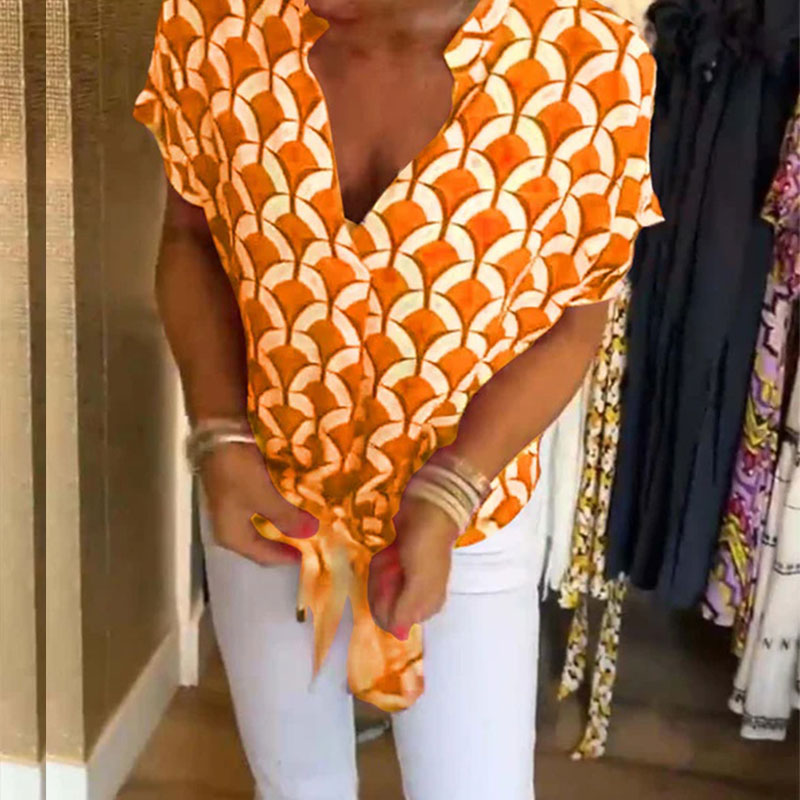 Short-Sleeved V-Neck Printed Casual Top