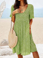 Women Floral Printed Round Neck Loose Midi Dress