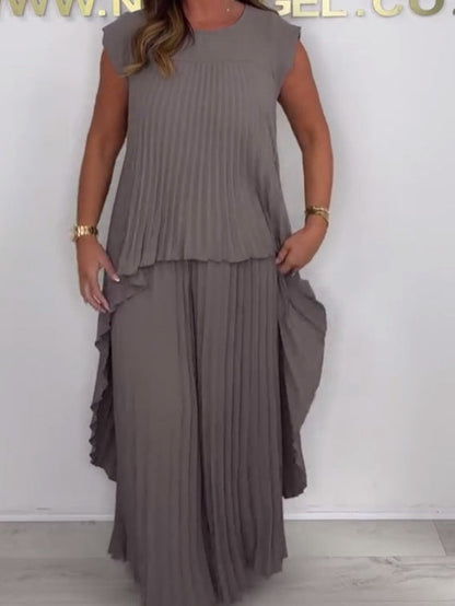🔥Laney Pleated Short Sleeve Irregular Midi Top and Elastic Waist Wide Leg Pants Set