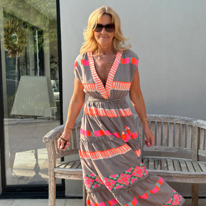 💕Women's Loose V-Neck Vintage Stripe Pattern Sleeveless Dress