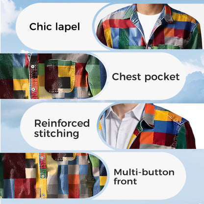 Rainbow Plaid Retro Lapel Shirt with Pockets