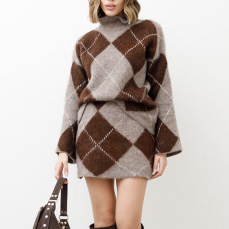 Women's Diamond Pattern Knit Sweater & Skirt 2-Piece Set