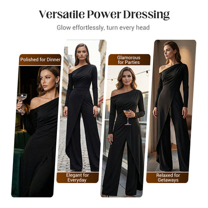 👗Women's Elegant One-Shoulder Jumpsuit – Wide-Leg Flow, Wrap Skirt Detail & Premium Breathable Fabric for a Chic Look 💃