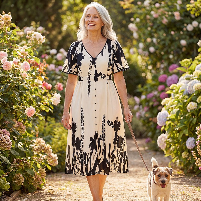 💥Soft Botanical Print V-Neck Midi Dress – Elegant, Lightweight & All-Match