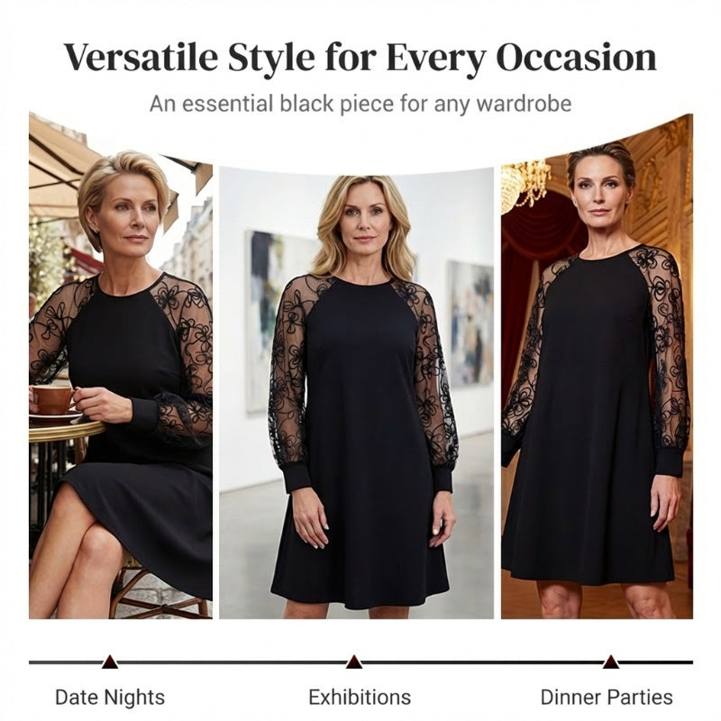 🔥Lace Patchwork Round Neck Long Sleeve Dress