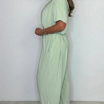 Women's V-Neck Solid Color Loose Waisted Jumpsuit