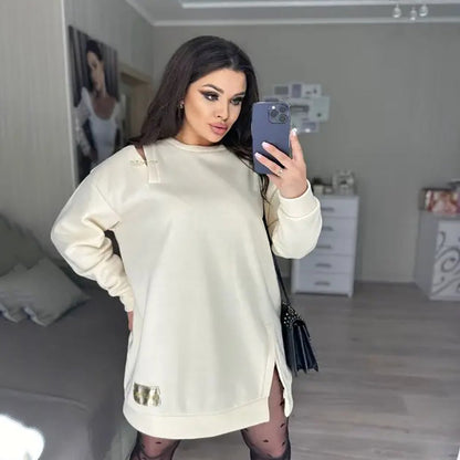 🍂Stylish Round-Neck Side-Slit Long-Sleeve Loose Midi Dress ✨