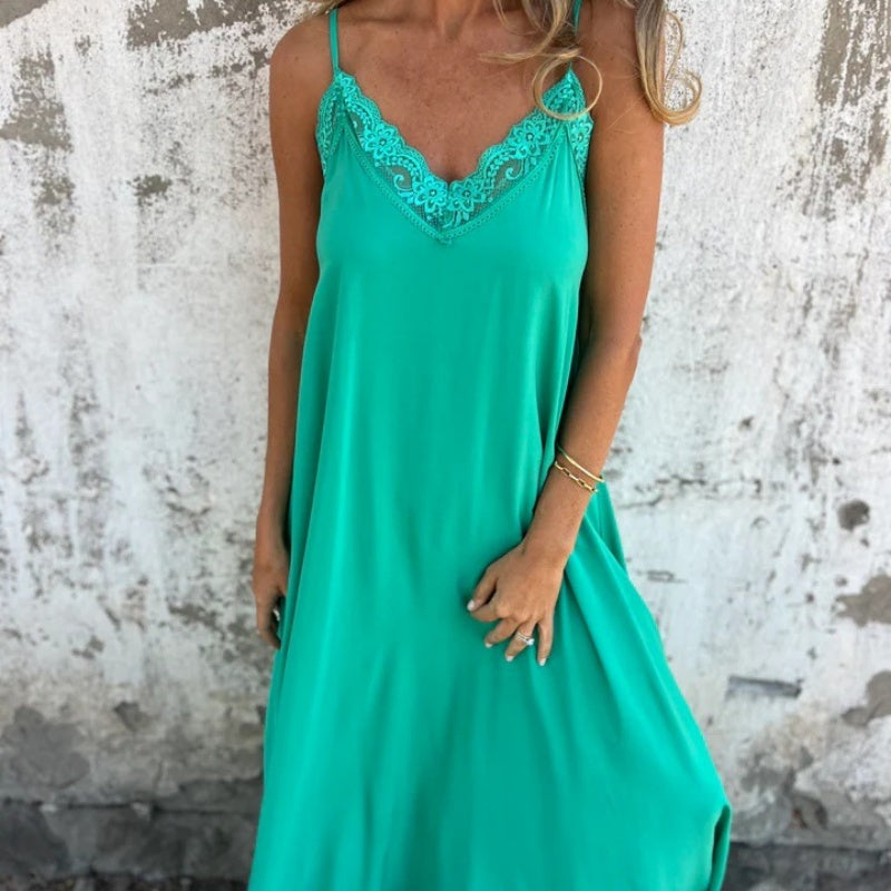 🌸Spring Specials💐 Women's Elegant Lace Trim V-Neck Spaghetti Strap Maxi Dress