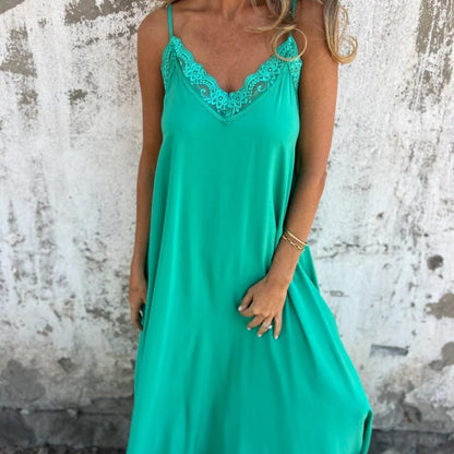 🌸Spring Specials💐 Women's Elegant Lace Trim V-Neck Spaghetti Strap Maxi Dress