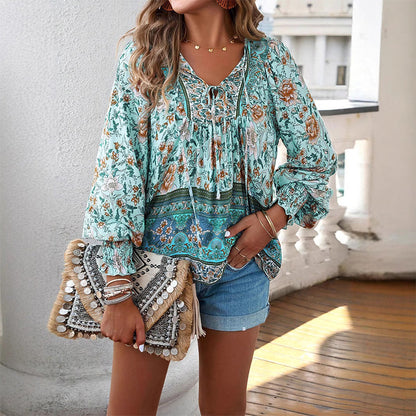💖Women's Fashion Printed v-Neck Long Sleeve Shirt