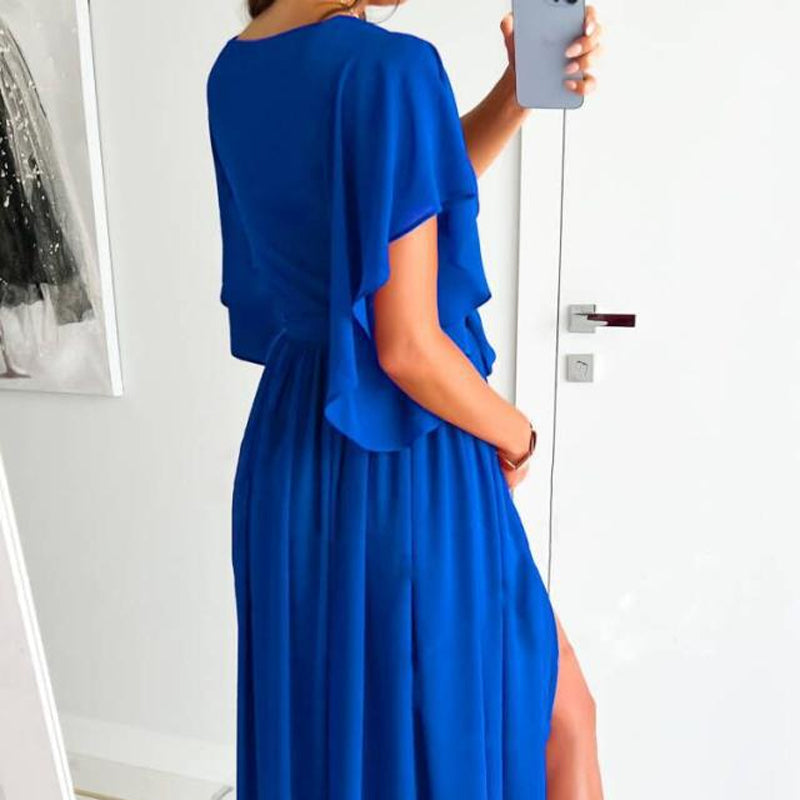 Women's Ruffle Sleeve Surplice Neck High Split  Dress With Belt