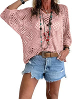 ✨Womens Bohemian-Inspired Beige Crochet Top with V-Neck