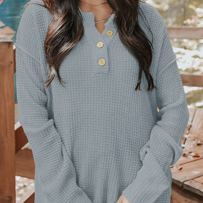 Women's Casual Loose Button Neck Waffle Knit Sweater