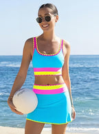 🌼Color Block Patchwork Nylon Sporty 3-Piece Bikini Set - High Waisted & Tummy Control Swimsuit👙🌈