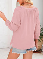 🔥Womens 3/4 Lantern Sleeve Casual V-Neck T-Shirts Pleated Loose Hollow-Out Blouse