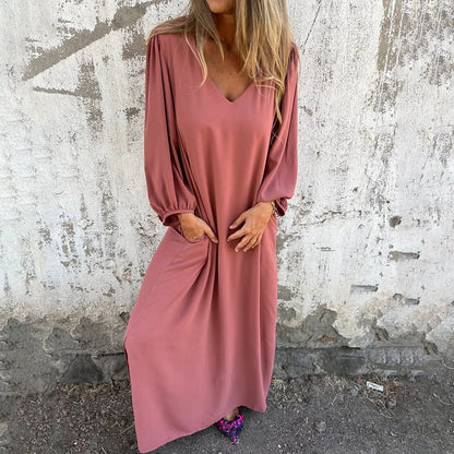 V-neck Solid Color Lantern Sleeve Dress