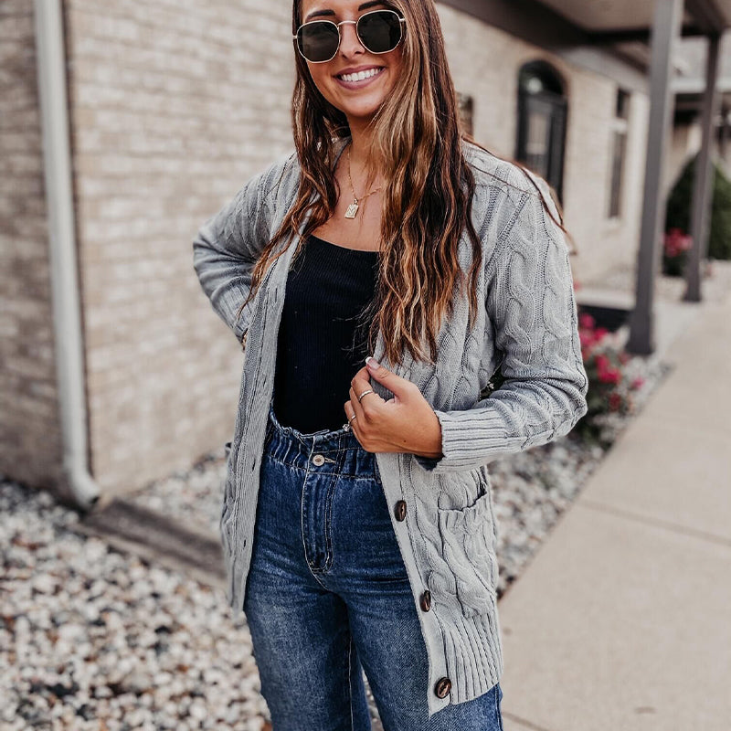 Women's Fall Casual Long Sleeve Button Down Open Front Cable Knit Cardigan Sweater Coat