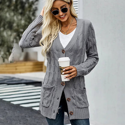 Women's Fall Casual Long Sleeve Button Down Open Front Cable Knit Cardigan Sweater Coat