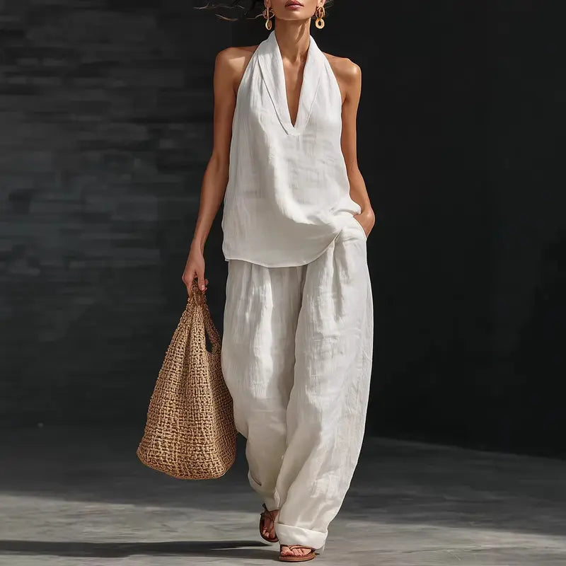 Boho Linen Two Piece Set - Perfect for Beach, Vacation & Brunch! Halter Neck Sleeveless Top Wide Leg Pants Set