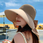 🌞2025 Summer New👒Large-brim Hollow Sunscreen Hat with Removable Neck Shawl