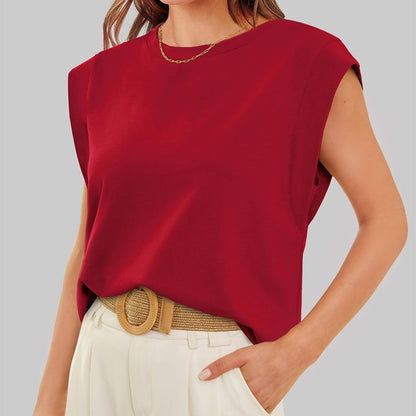 💗Solid Color Round Neck Cap Sleeve Top