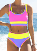 🌼Color Block Patchwork Nylon Sporty 3-Piece Bikini Set - High Waisted & Tummy Control Swimsuit👙🌈
